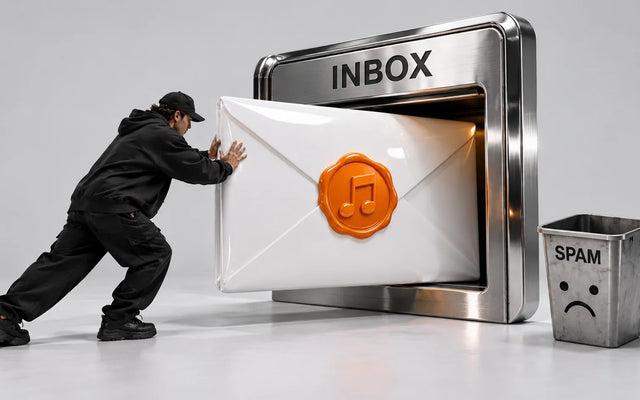 Giant envelope with an orange music-note wax seal being pushed into a chrome inbox slot, next to an empty spam bin