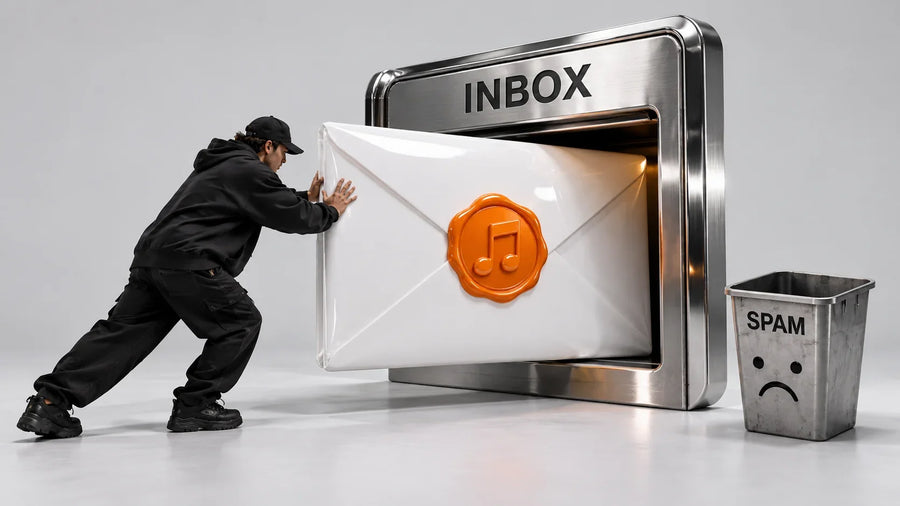 Giant envelope with an orange music-note wax seal being pushed into a chrome inbox slot, next to an empty spam bin