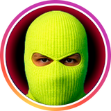 Artist avatar — person wearing a neon green balaclava ski mask framed in a pink and red gradient circular border