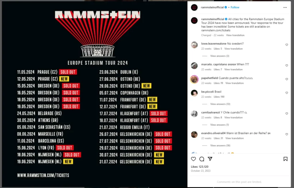 Rammstein announcing their Europe stadium Tour 2024 on Instagram