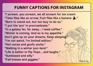 Image featuring 10 funny Instagram captions with a vibrant and playful background. Captions are creatively displayed, each accompanied by humorous icons such as laughing faces, quirky animals, and comical symbols, capturing the essence of humor, wit, and lighthearted moments perfect for any Instagram post.
