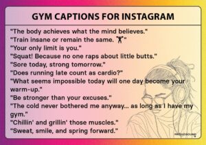 Image featuring 10 Instagram captions for Gym with an energetic and motivational background. Captions are stylishly presented, each accompanied by fitness-related icons such as dumbbells, running shoes, and flexing biceps, capturing the essence of workout routines, strength, and fitness goals.
