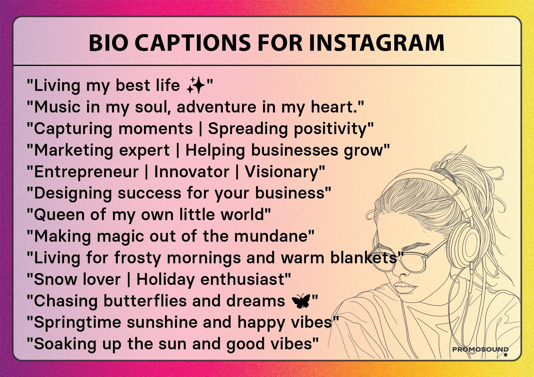 Image featuring 10 Instagram bio captions with a sleek and modern background. Captions are elegantly displayed, each accompanied by icons such as pens, profile icons, and hashtags, capturing the essence of personal branding, self-expression, and impactful introductions perfect for any Instagram bio.